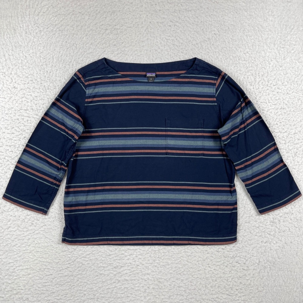 Patagonia Striped Top Womens Medium Navy Blue Organic Cotton Boat Neck 53380FA18